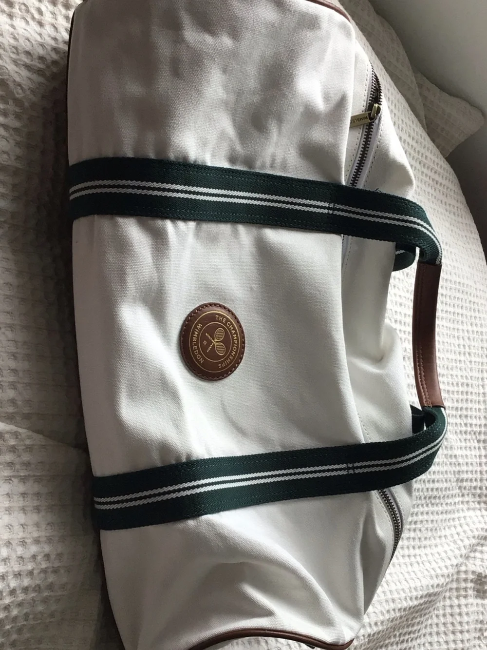 OFFICIAL Wimbledon White Duffel Bag with Green Striped Straps